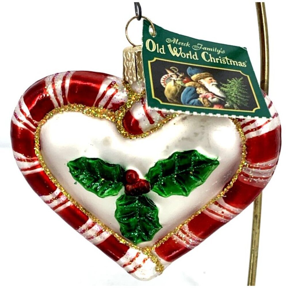 Old World Christmas Our First Christmas Peppermint Heart Blown Glass Ornament 3" - Picture 3 of 7